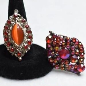 1940's Style Red/Orange Rhinestone Silver Tone Metal Adj. Size 7-9 2pc Rings